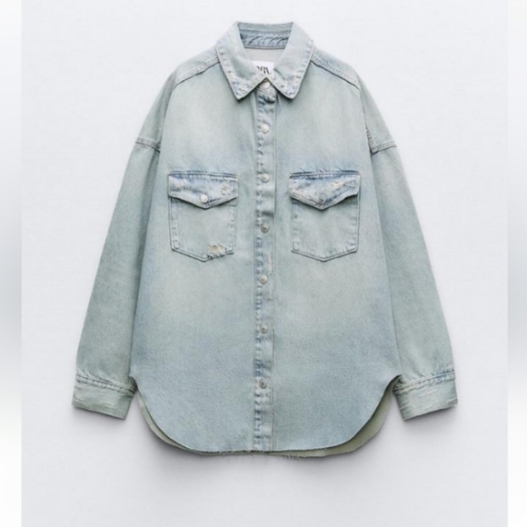 Zara Tops - RIPPED TRF DENIM OVERSHIRT SIZE XS